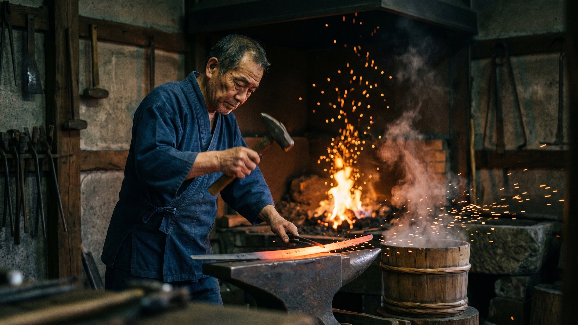 Japán kovács izzó katanapengét üt