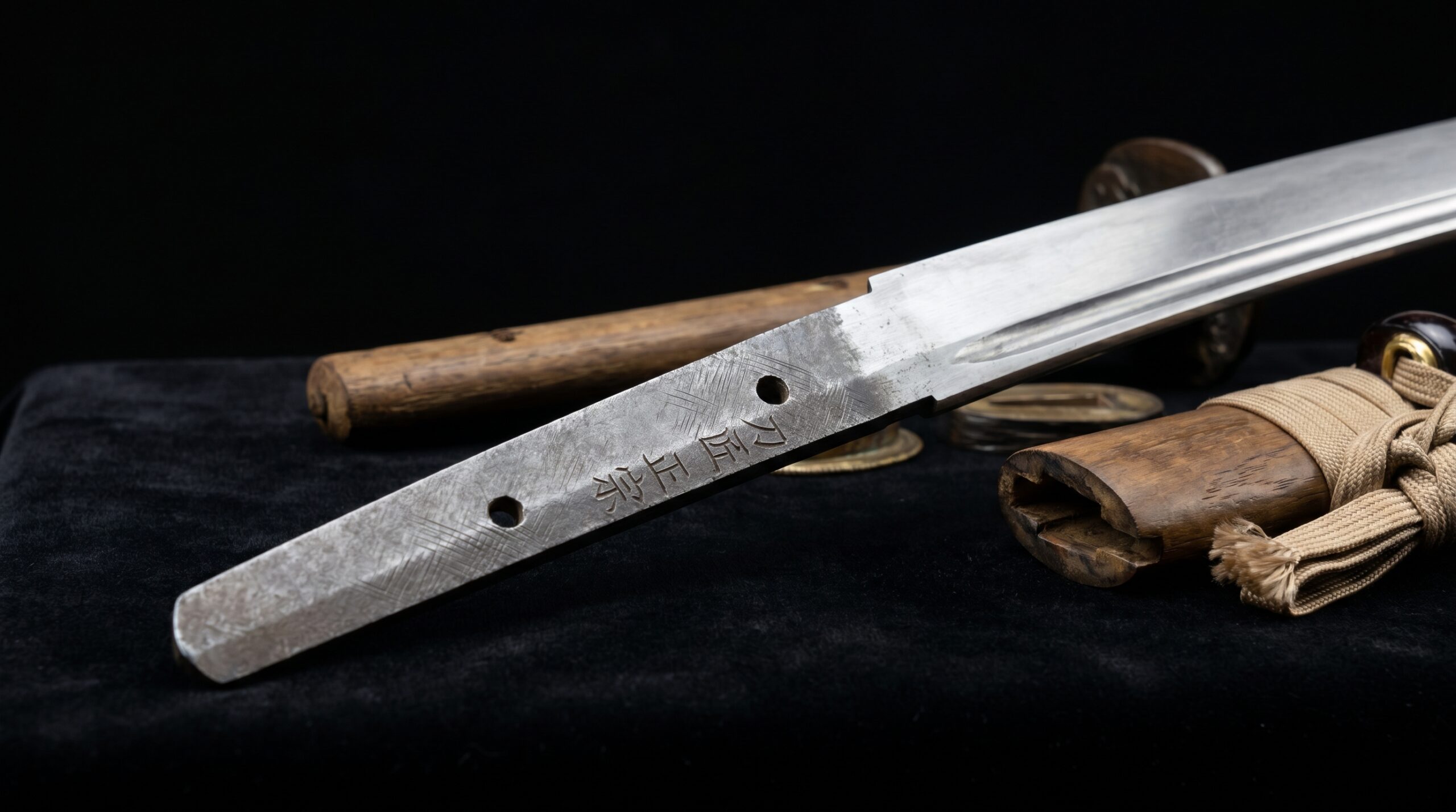 Bare nakago tang of a katana with a smith mei signature